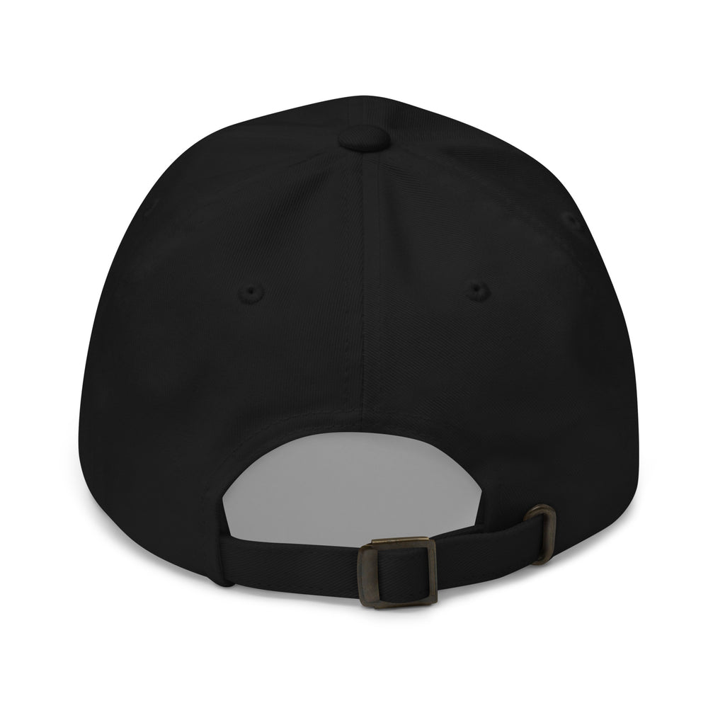Back view of the sloth illustration adjustable dad hat in black
