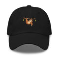 Black curved-brim dad hat with a sloth hanging from a branch illustration