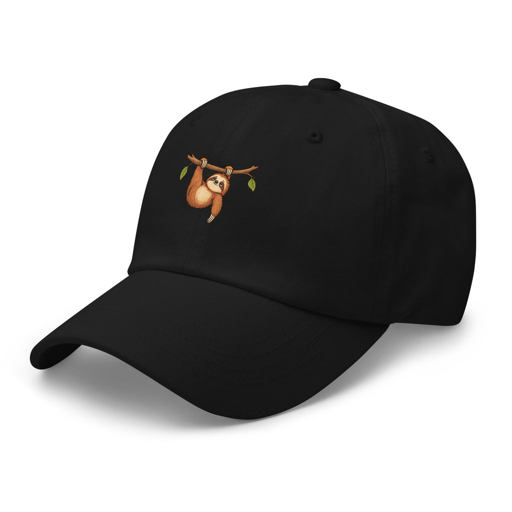 Front view of the sloth illustration adjustable dad hat in black left