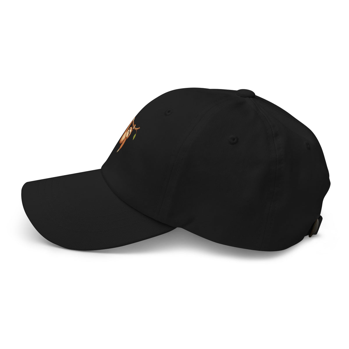 Left-side view of the sloth illustration adjustable dad hat in black