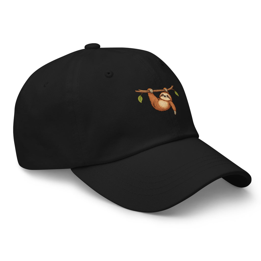 Front view of the sloth illustration adjustable dad hat in black right