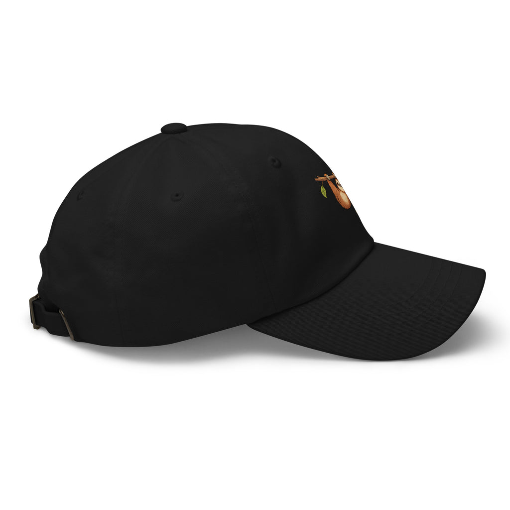 Right-side view of the sloth illustration adjustable dad hat in black