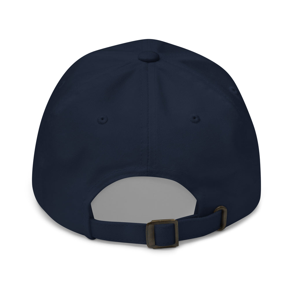 Back view of the sloth illustration adjustable dad hat in navy