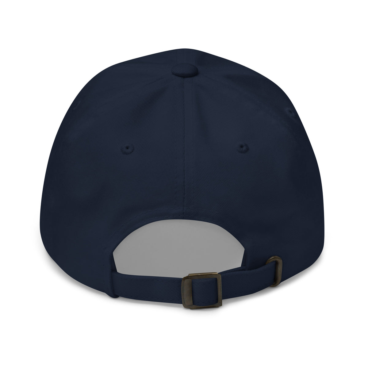 Back view of the sloth illustration adjustable dad hat in navy