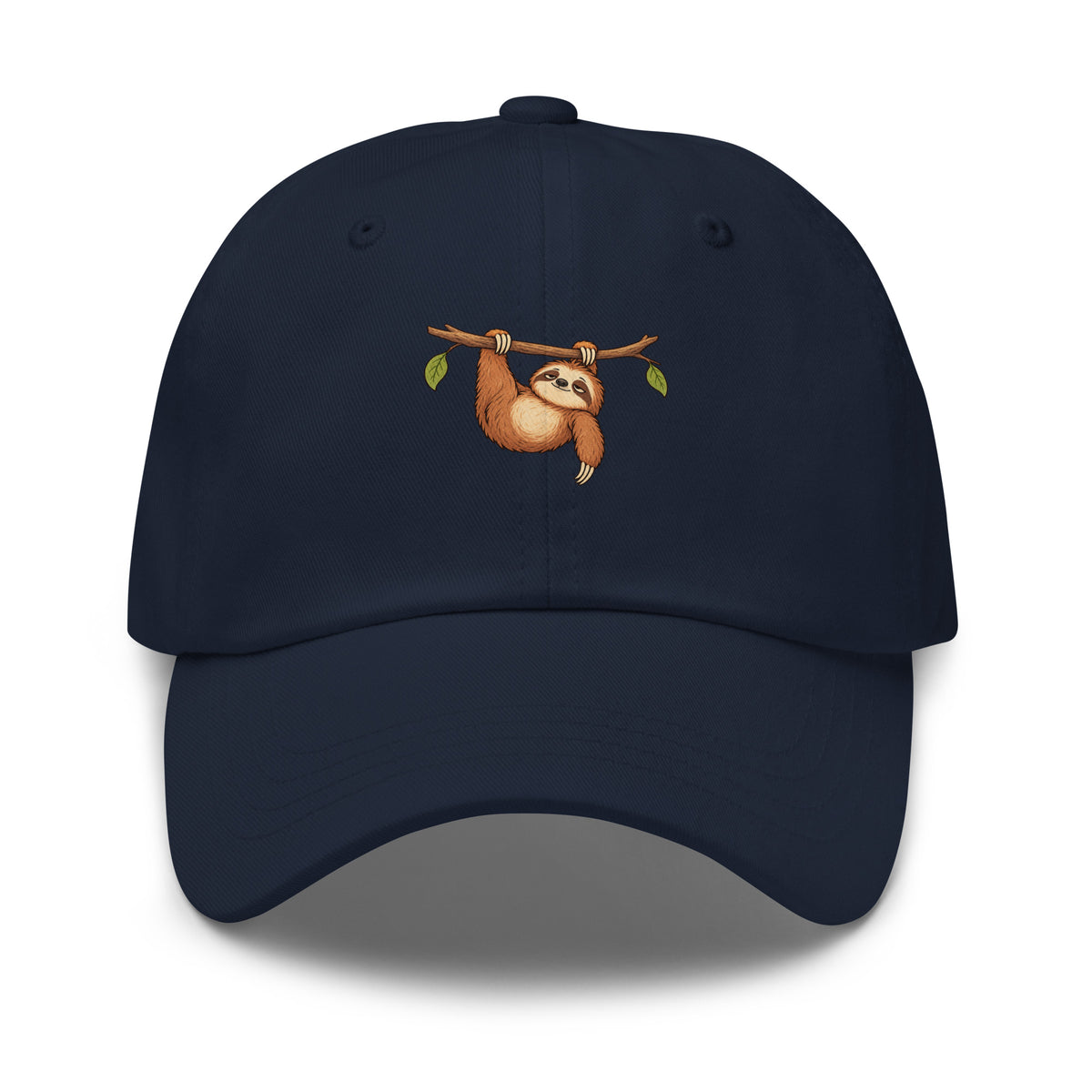 Front view of the sloth illustration adjustable dad hat in navy
