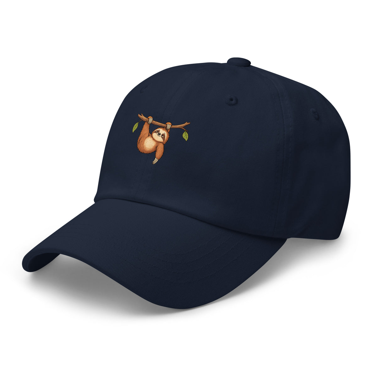 Front view of the sloth illustration adjustable dad hat in navy left
