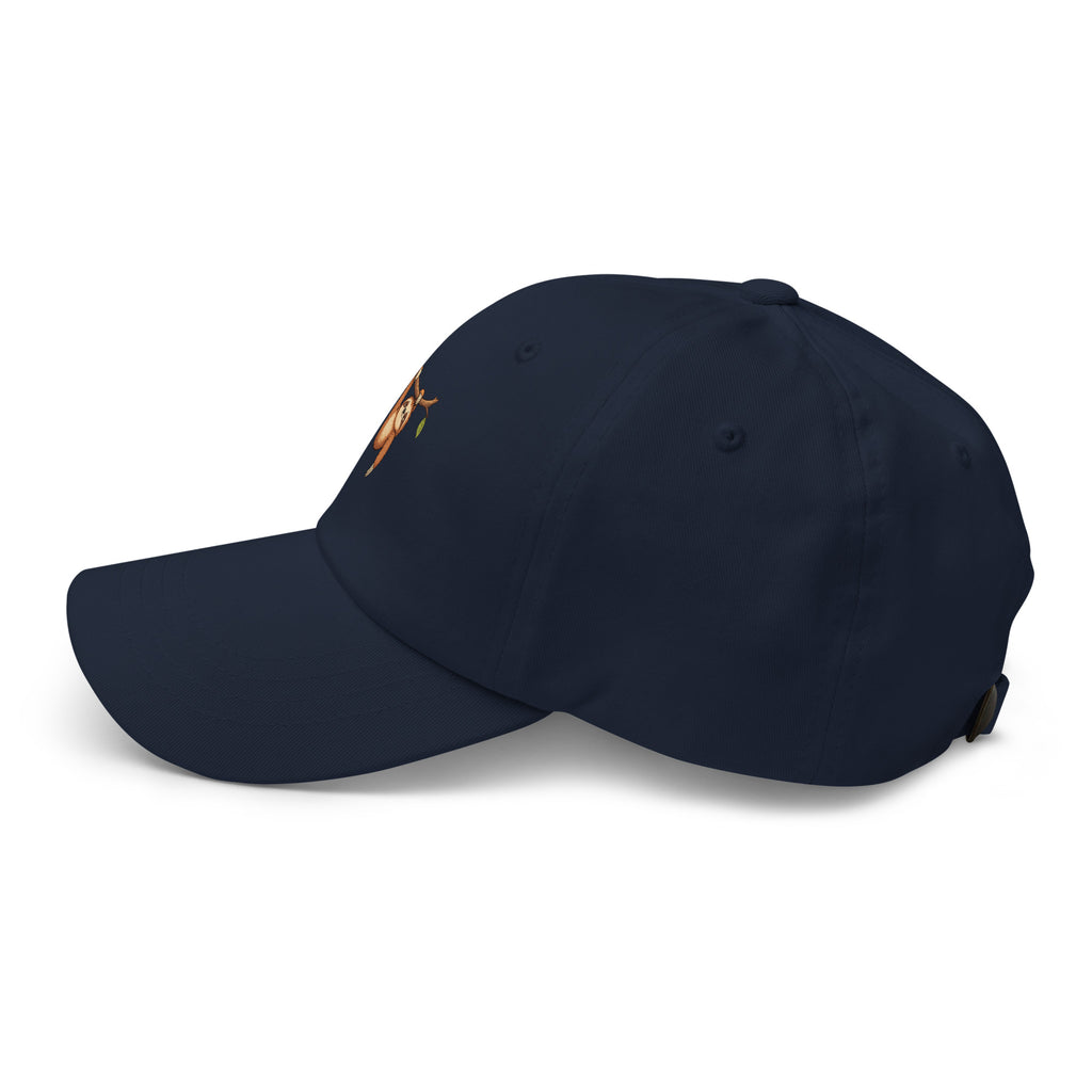 Left-side view of the sloth illustration adjustable dad hat in navy