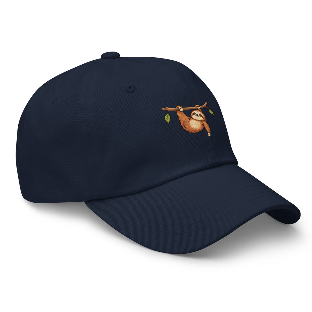 Front view of the sloth illustration adjustable dad hat in navy right