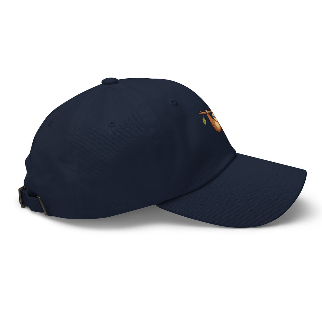 Right-side view of the sloth illustration adjustable dad hat in navy