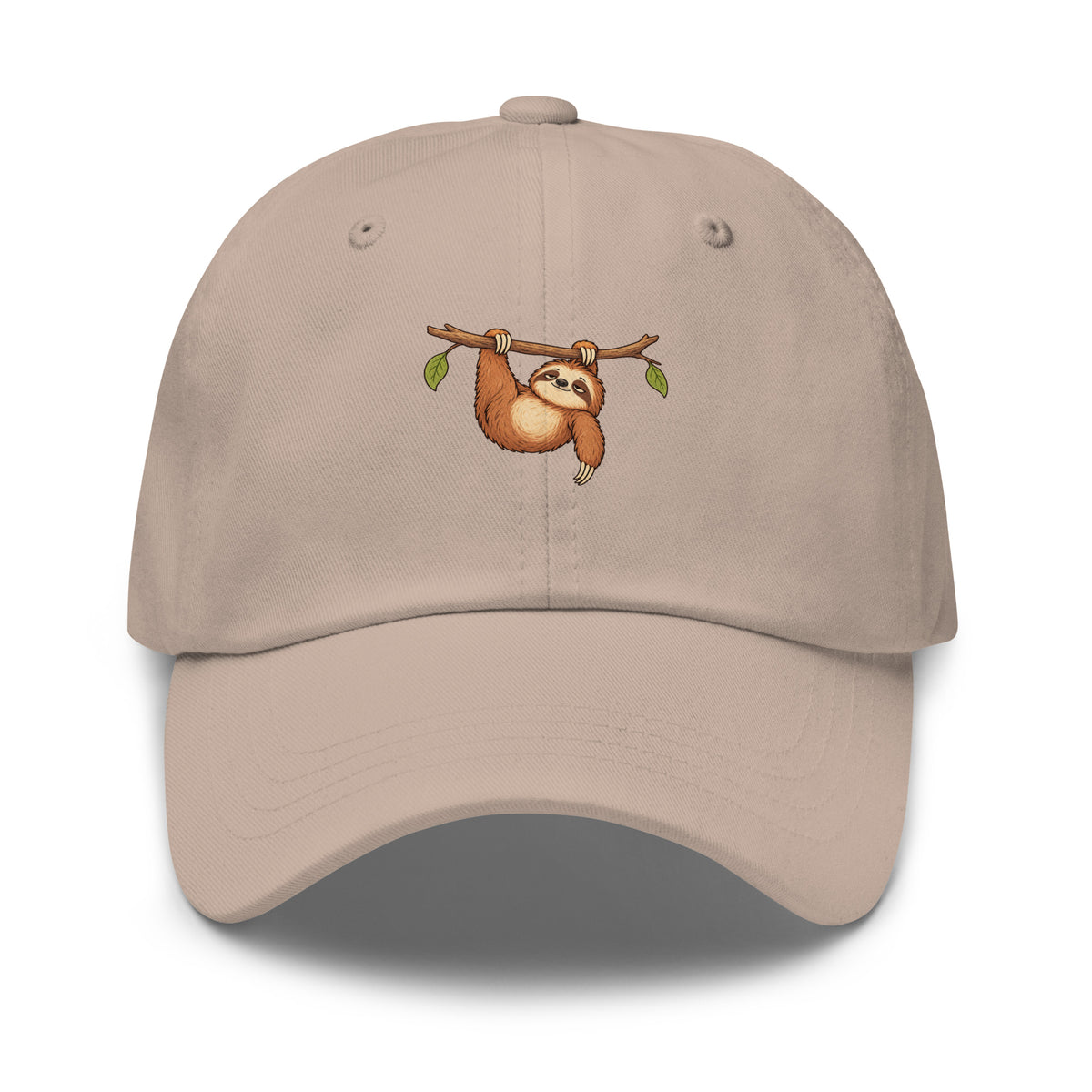 Front view of the sloth illustration adjustable dad hat in stone