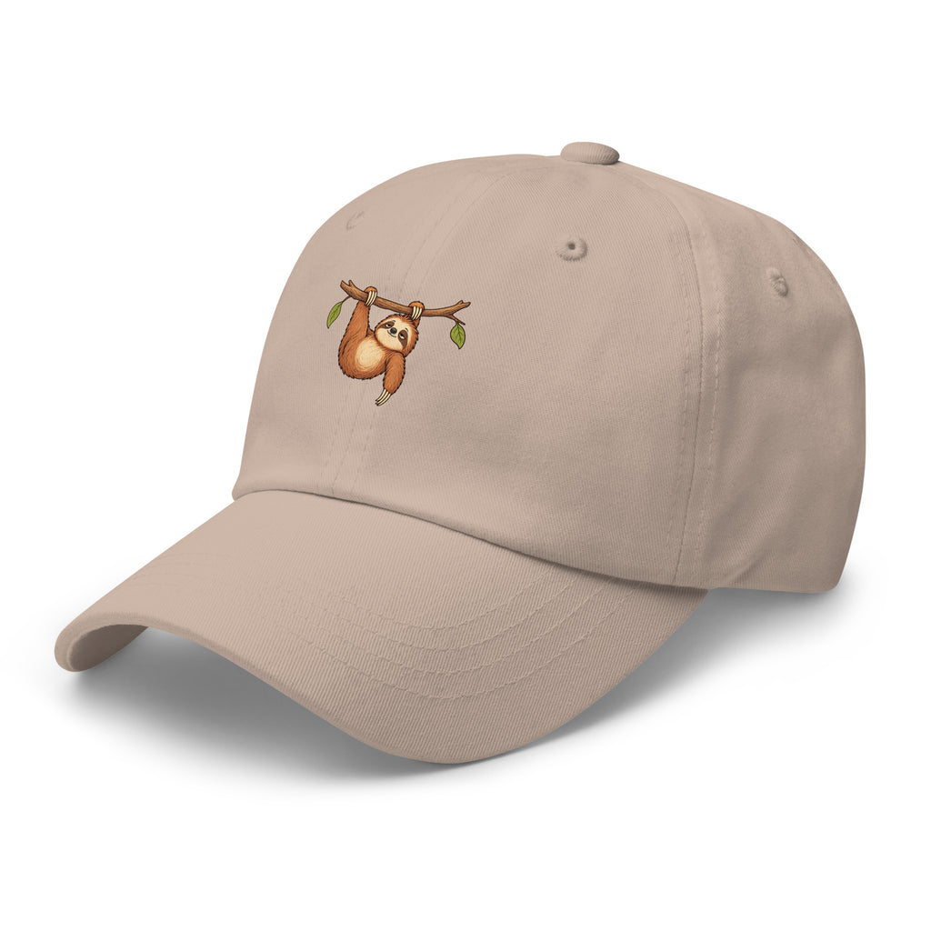 Front view of the sloth illustration adjustable dad hat in stone left