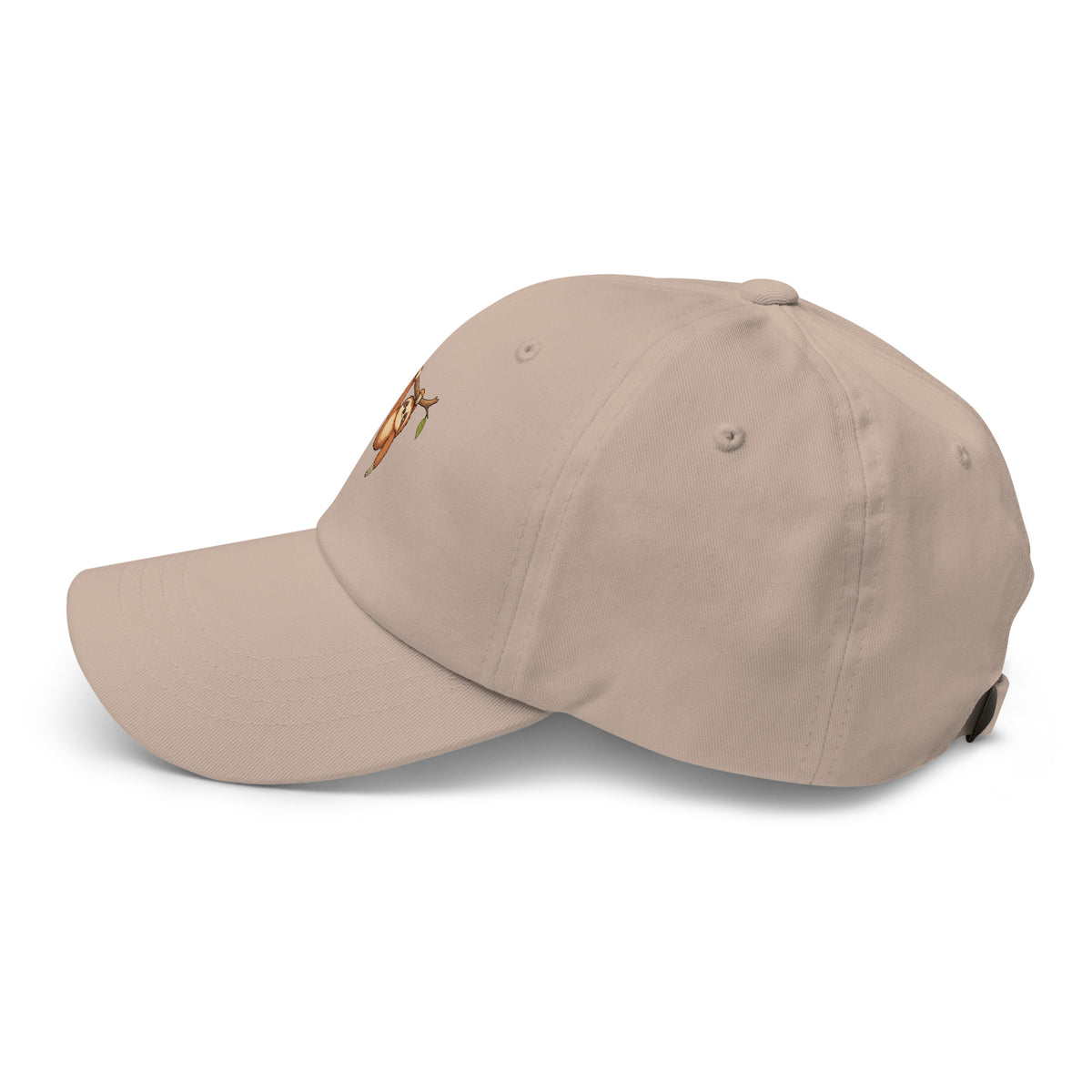 Left-side view of the sloth illustration adjustable dad hat in stone