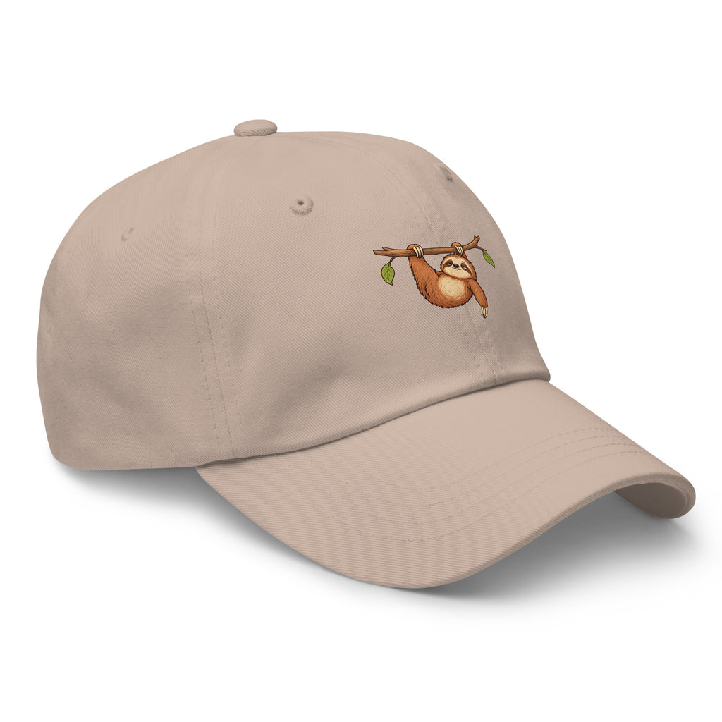 Front view of the sloth illustration adjustable dad hat in stone right
