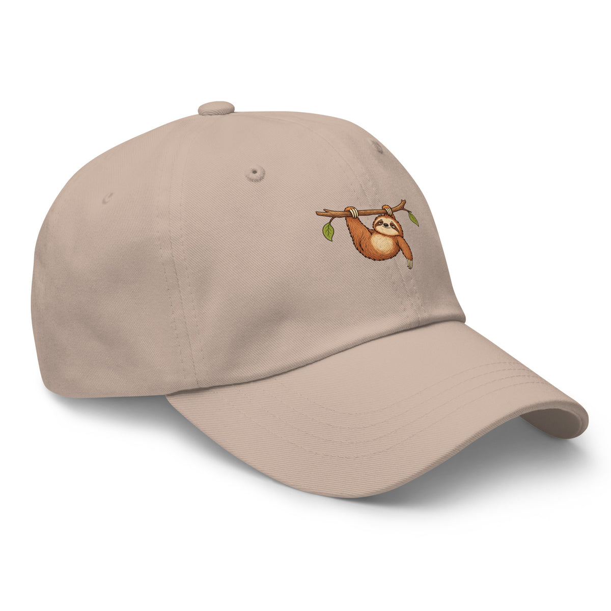Front view of the sloth illustration adjustable dad hat in stone right