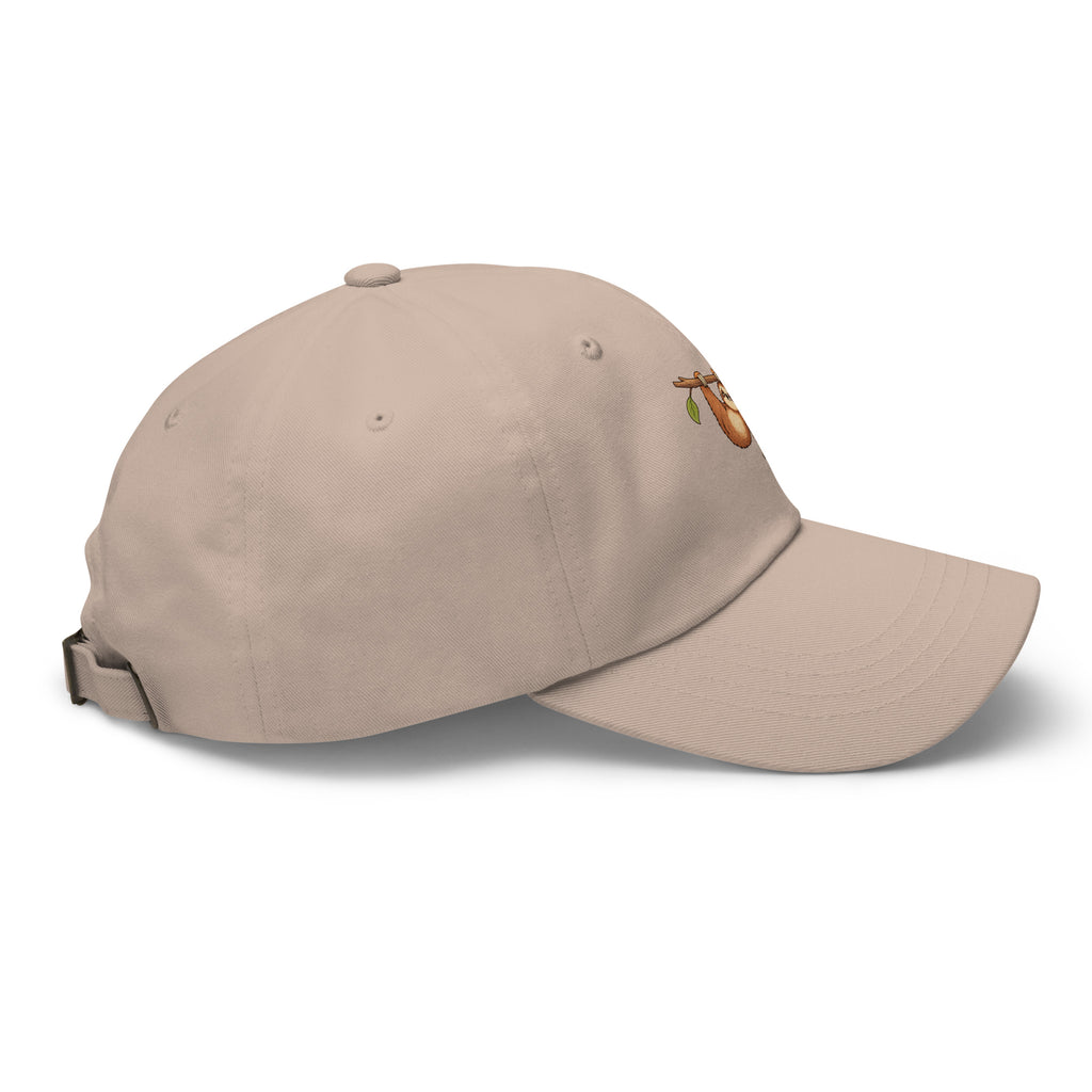Right-side view of the sloth illustration adjustable dad hat in stone