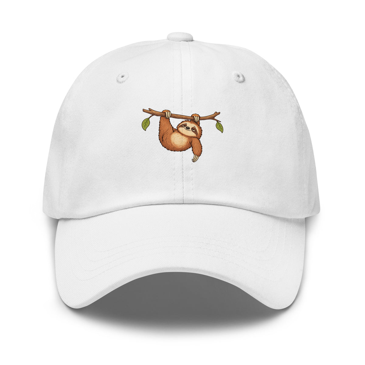 Front view of the sloth illustration adjustable dad hat in white