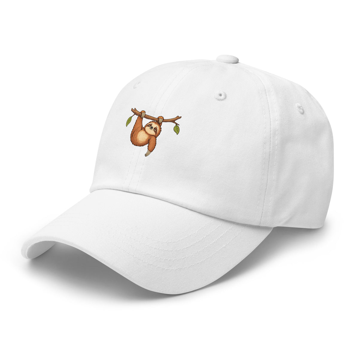 Front view of the sloth illustration adjustable dad hat in white left