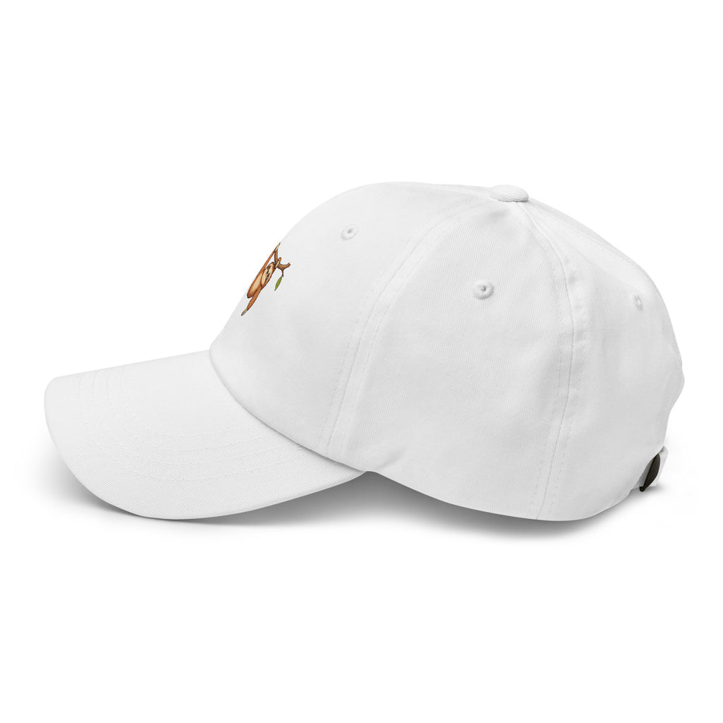 Left-side view of the sloth illustration adjustable dad hat in white