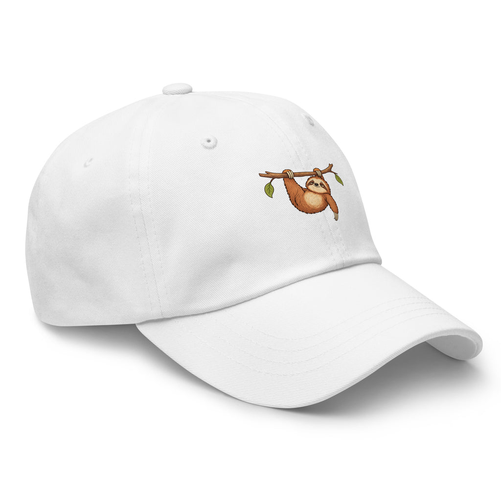 Front view of the sloth illustration adjustable dad hat in white right