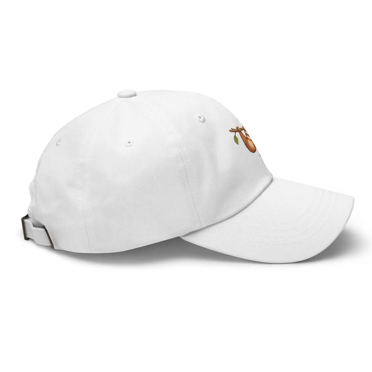 Right-side view of the sloth illustration adjustable dad hat in white