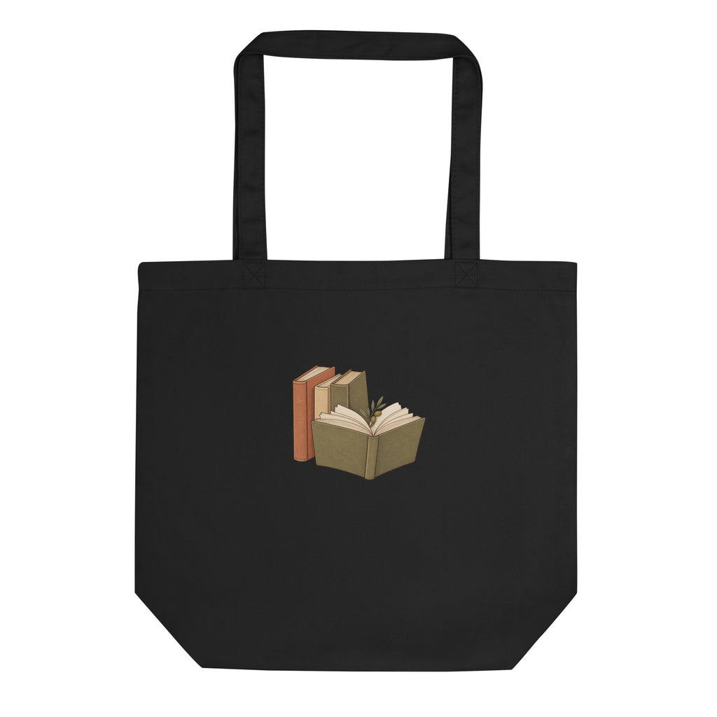 Back view of the book stack organic cotton tote bag in black
