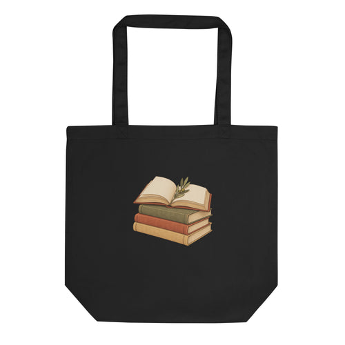 Black tote bag with an open book and stacked books illustration