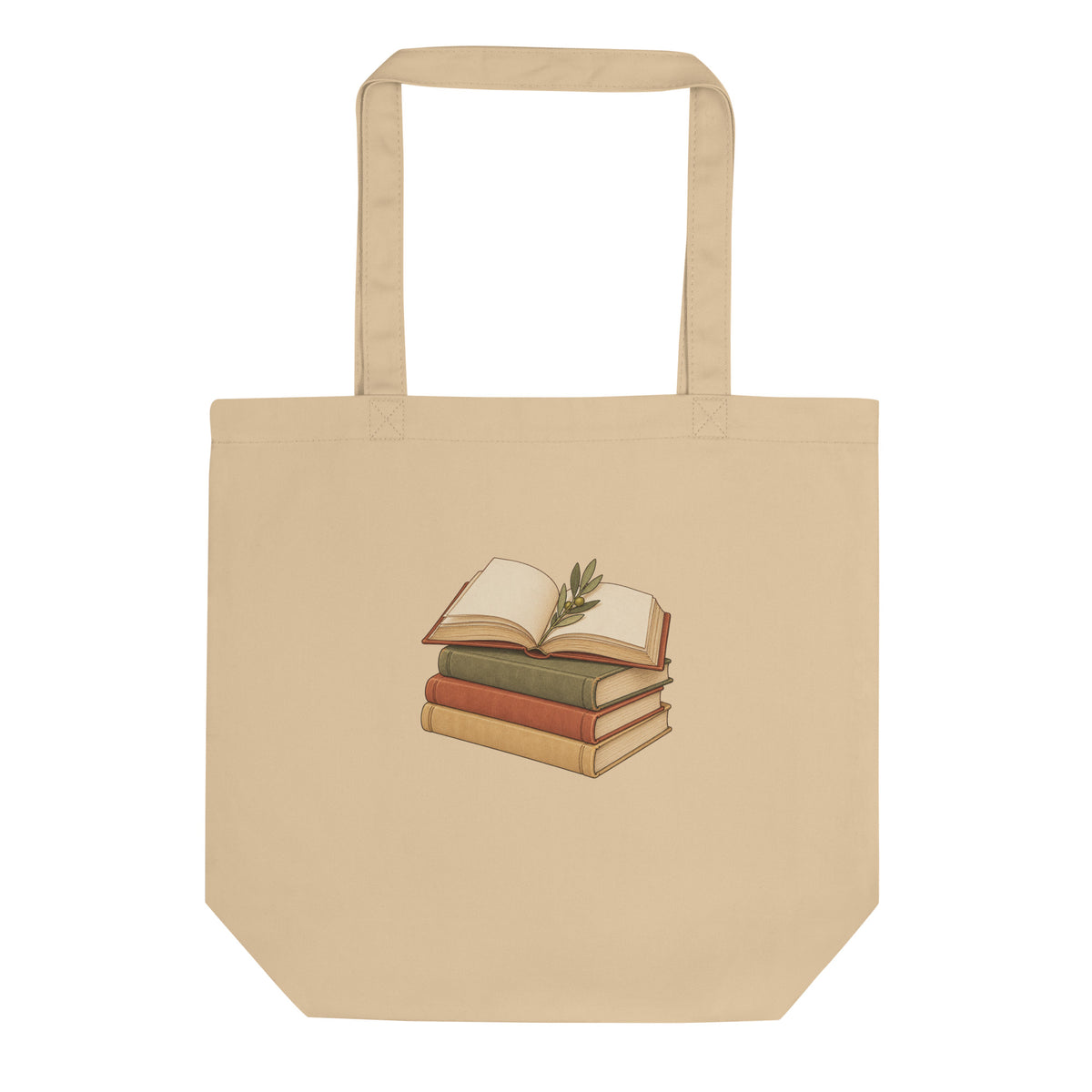 Front view of the book stack organic cotton tote bag in oyster