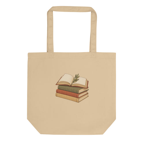 Front view of the book stack organic cotton tote bag in oyster