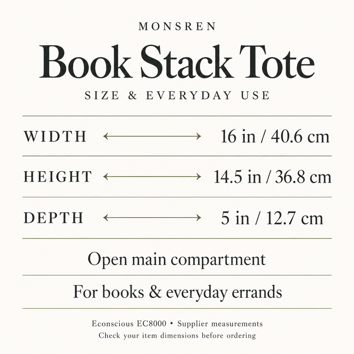 Book Stack Tote size and use: 16 in / 40.6 cm wide, 14.5 in / 36.8 cm high, 5 in / 12.7 cm deep; open main compartment.