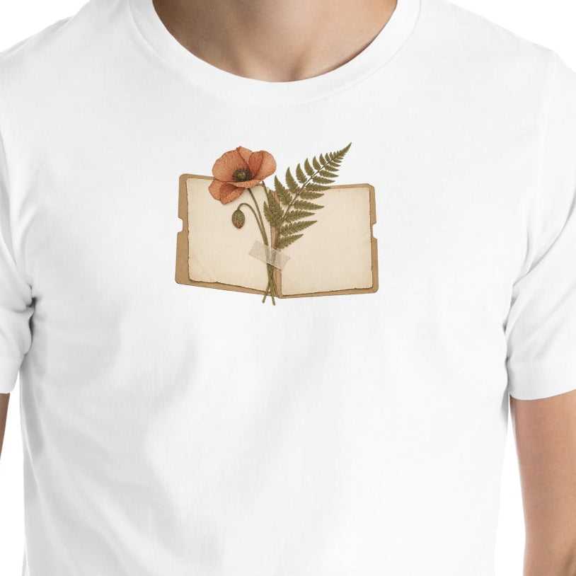 Front detail of Botanical Notebook & Poppy Unisex Graphic T-Shirt; original artwork and garment proportions preserved. See following images for full garment view.
