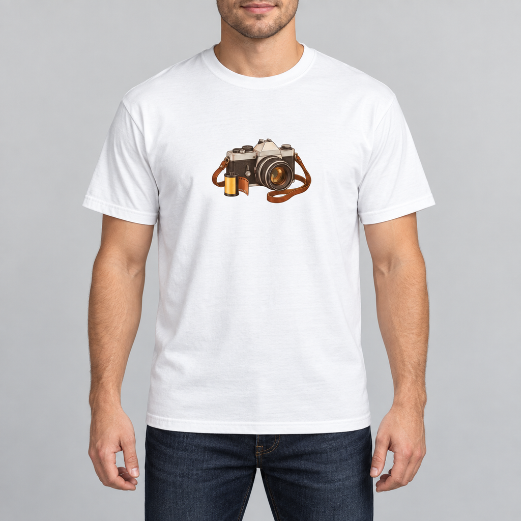 AI-generated model mockup of the white vintage camera graphic T-shirt, front view