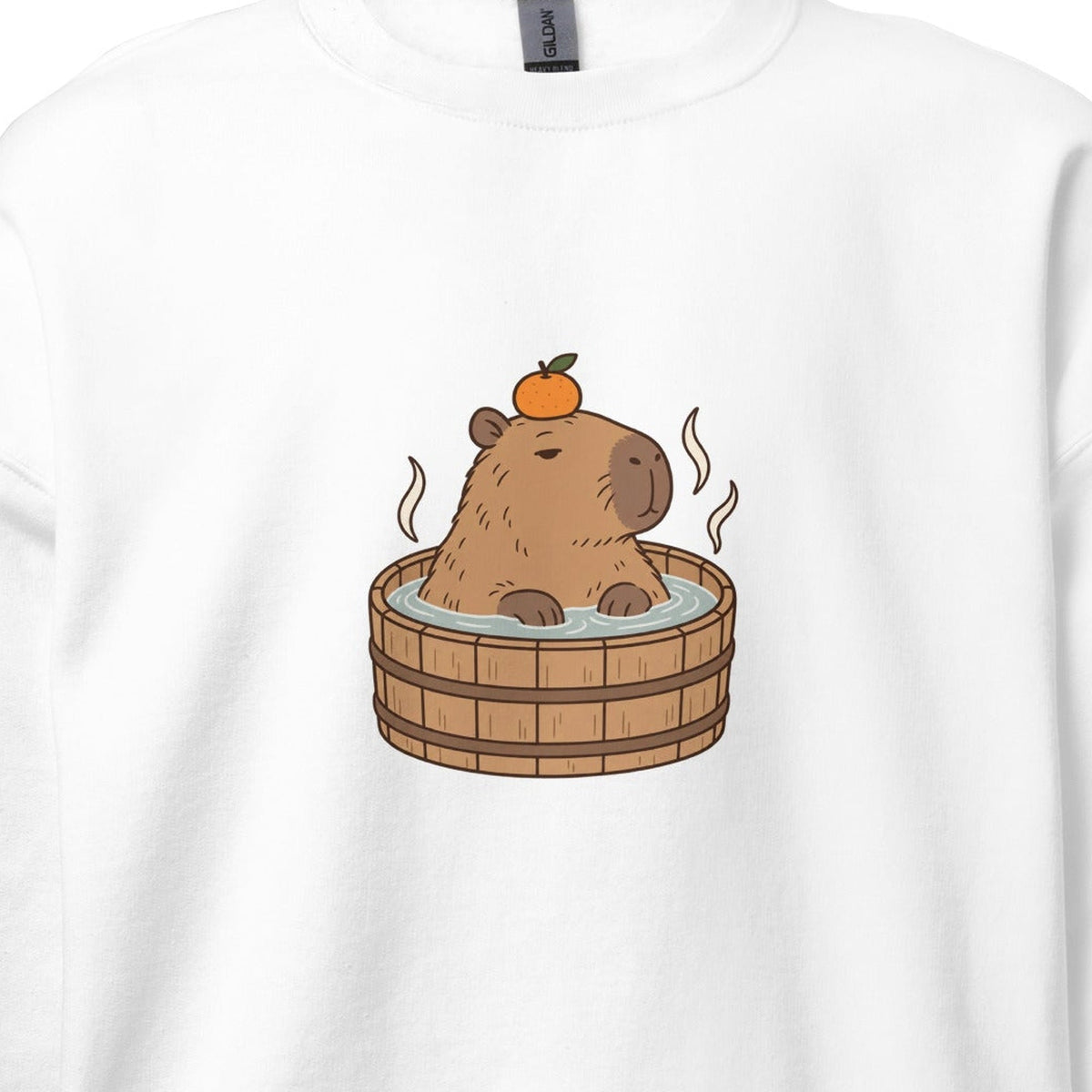 Close-up crop of the original white capybara bath sweatshirt mockup; unchanged artwork. See following images for full garment and model view.