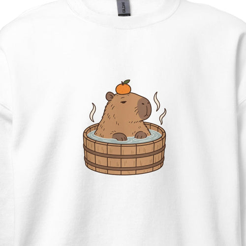Close-up crop of the original white capybara bath sweatshirt mockup; unchanged artwork. See following images for full garment and model view.