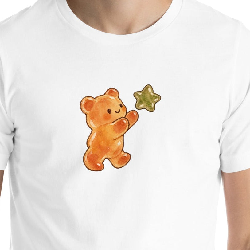 Front detail of Gummy Bear & Star Unisex Graphic T-Shirt; original artwork and garment proportions preserved. See following images for full garment view.