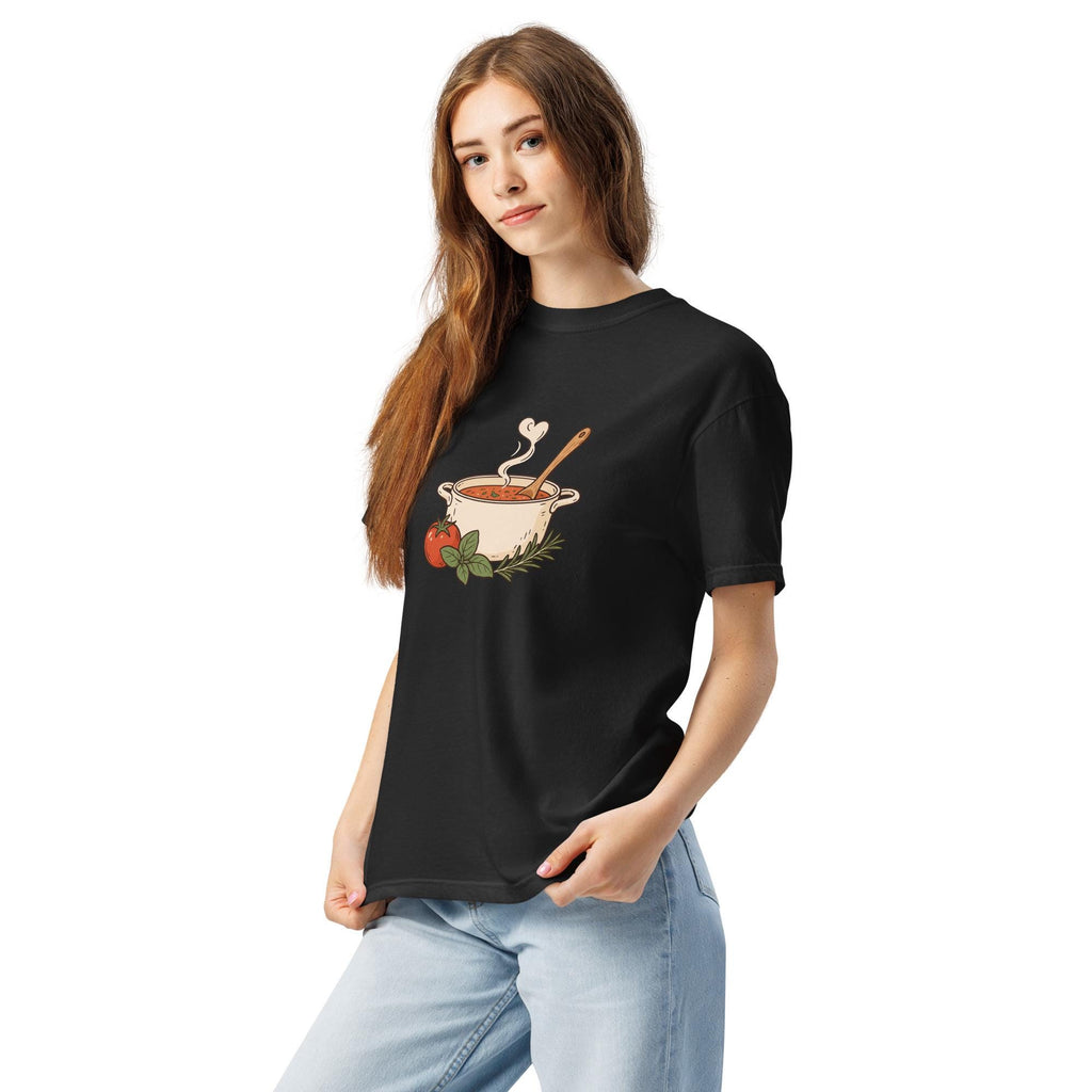 Model-worn mockup of Noodle Bowl Heavyweight Graphic T-Shirt, front view