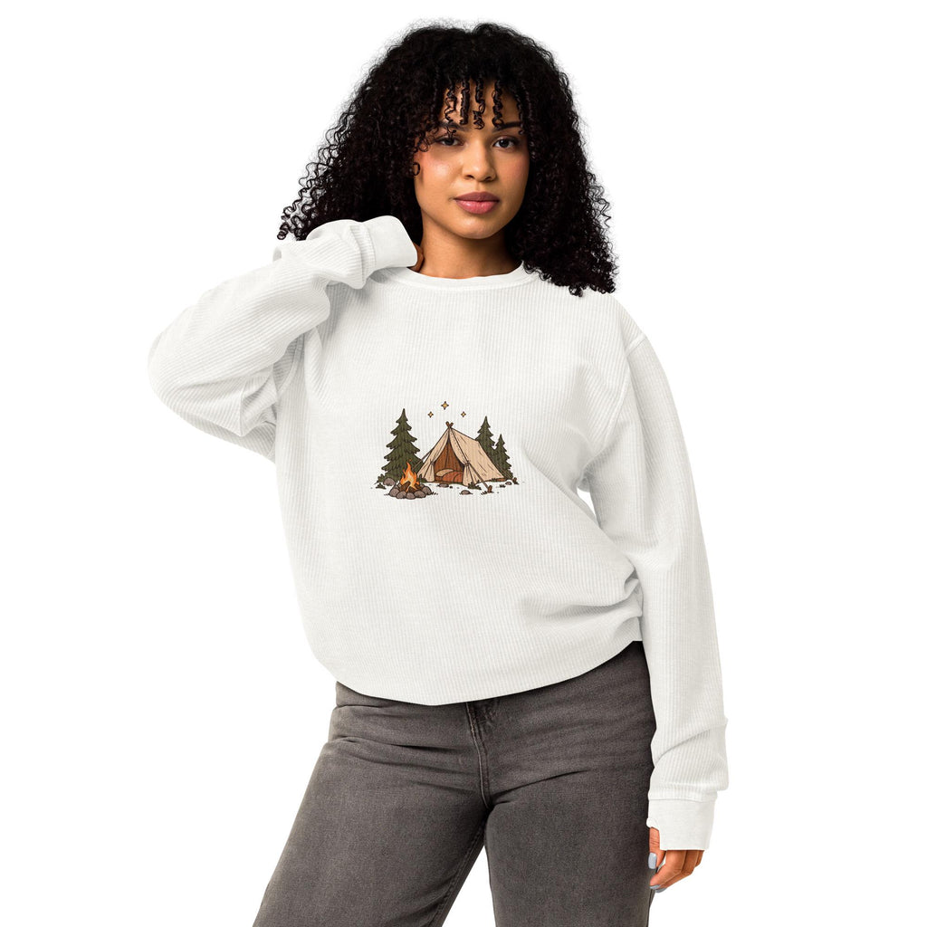 Model-worn mockup of Camping Illustration Corded Sweatshirt, front view