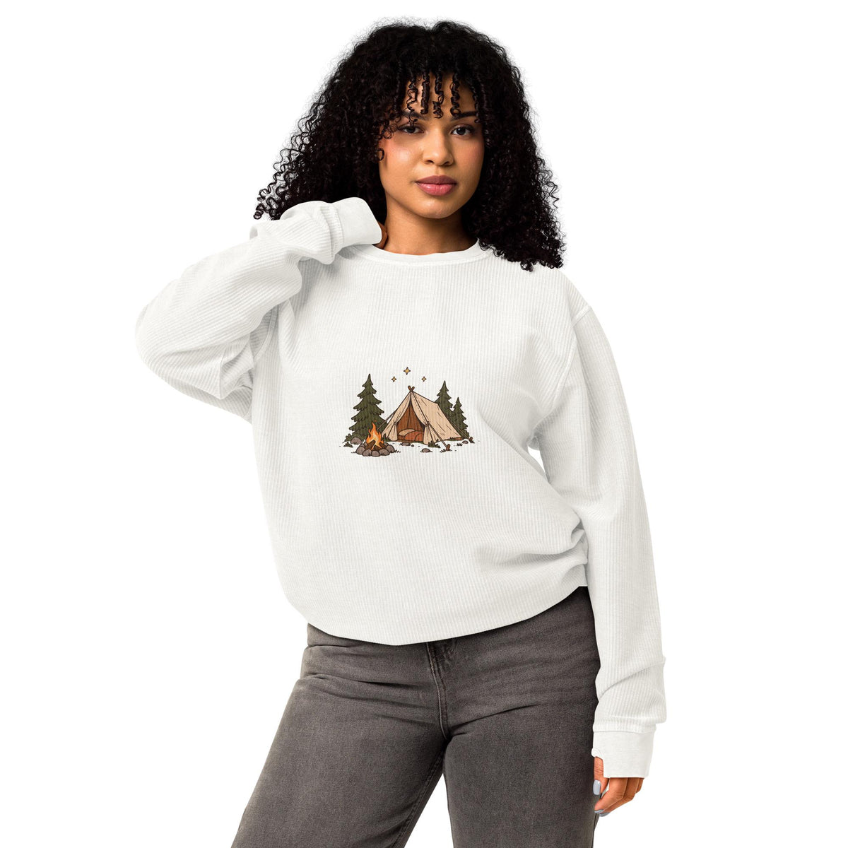 Model-worn mockup of Camping Illustration Corded Sweatshirt, front view