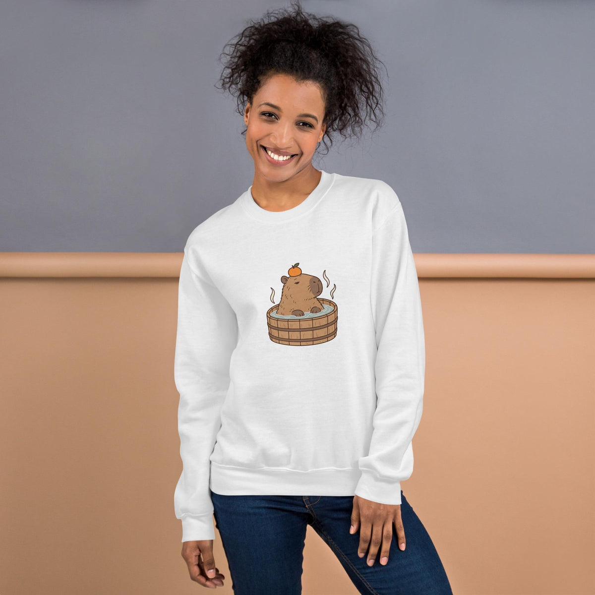 Model-worn mockup of Capybara Bath Graphic Sweatshirt, front view