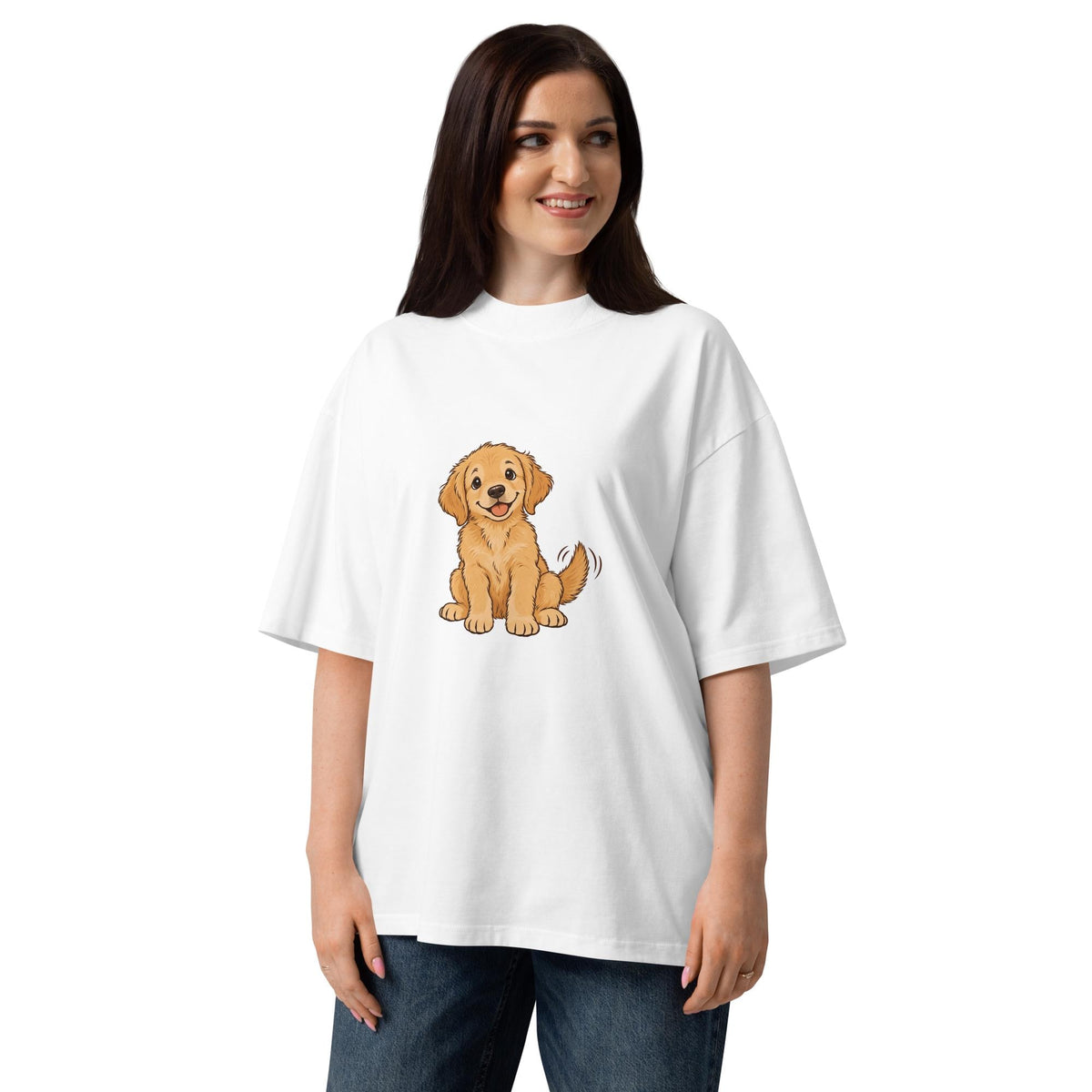 Model-worn mockup of Golden Dog Oversized Organic Cotton T-Shirt, front view