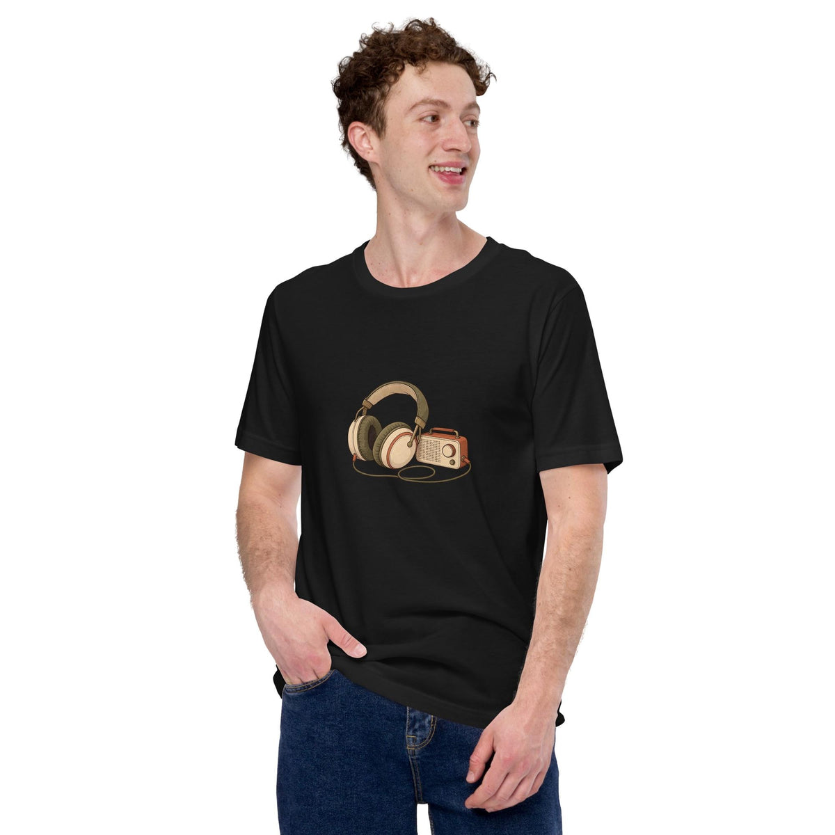 Model-worn mockup of Headphones & Music Player Graphic T-Shirt, front view
