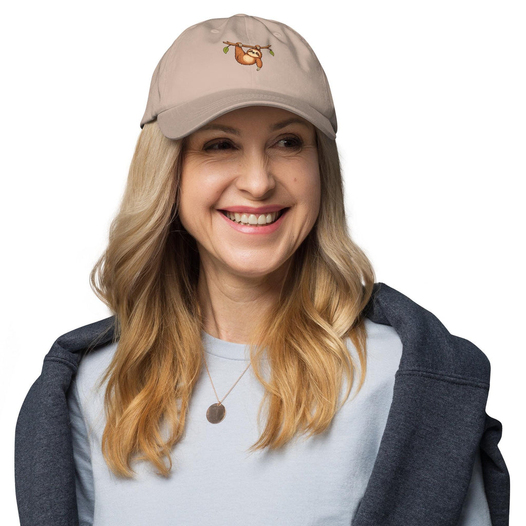 Model-worn mockup of Sloth Illustration Adjustable Dad Hat, front view