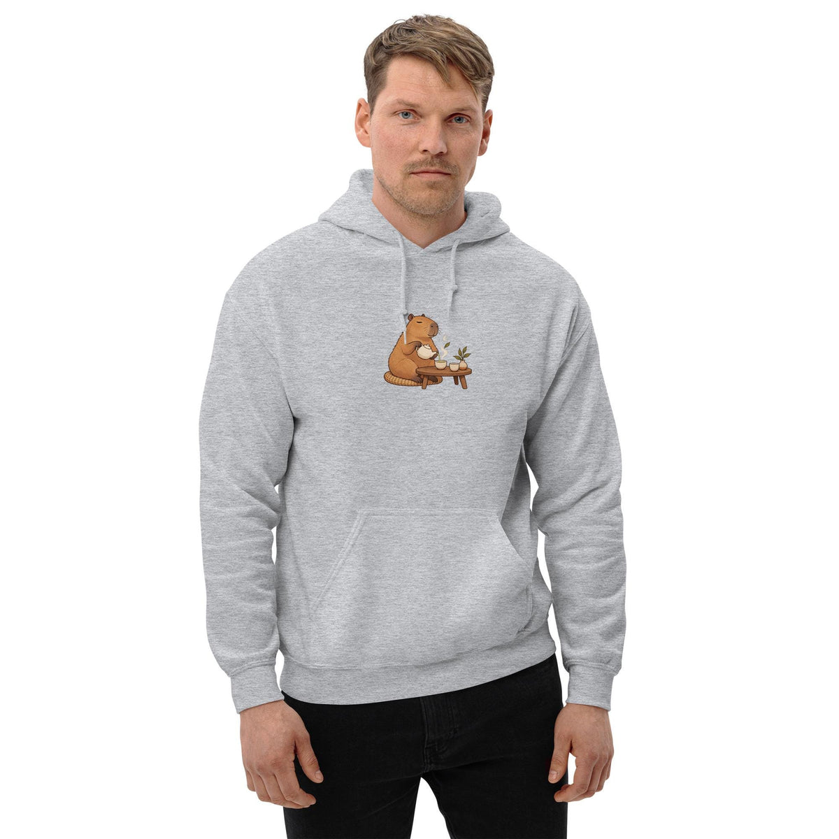 Model-worn mockup of Tea Time Animal Graphic Hoodie, front view