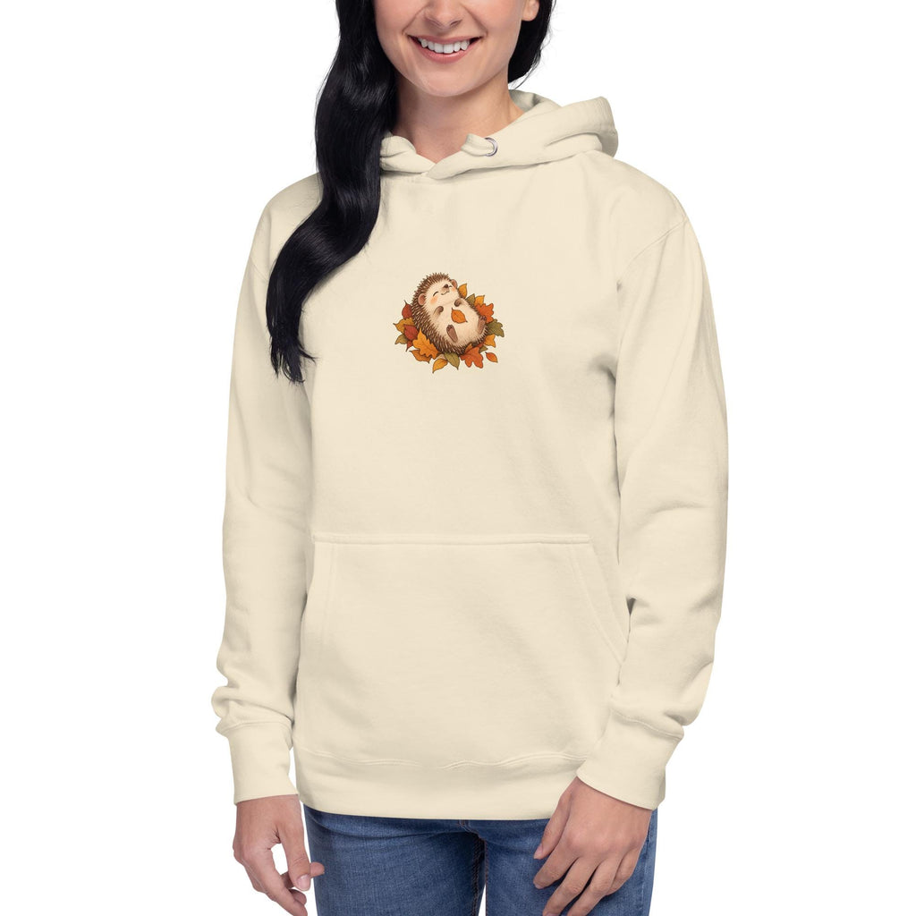 Model-worn mockup of Hedgehog & Autumn Leaves Unisex Hoodie, front view