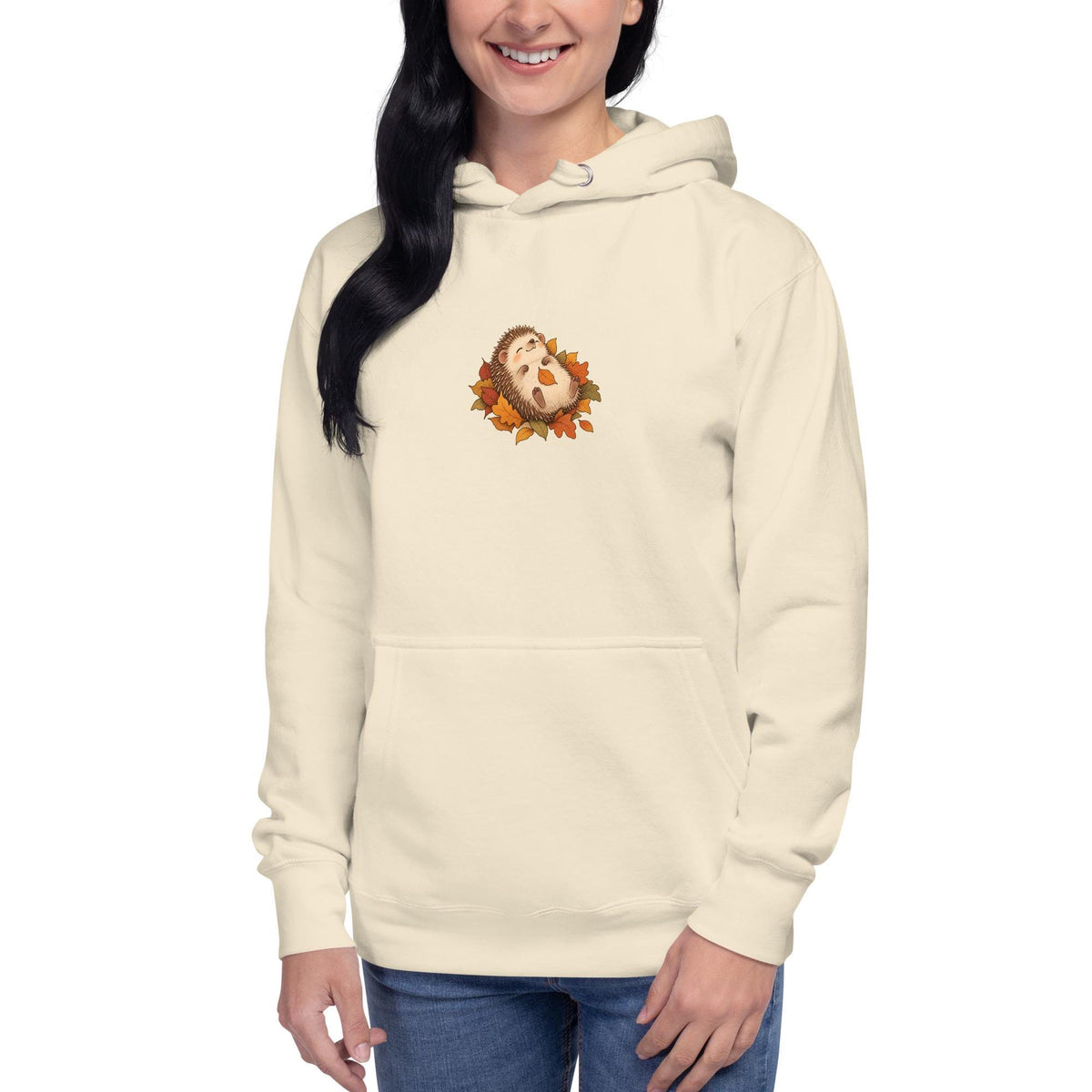 Model-worn mockup of Hedgehog & Autumn Leaves Unisex Hoodie, front view