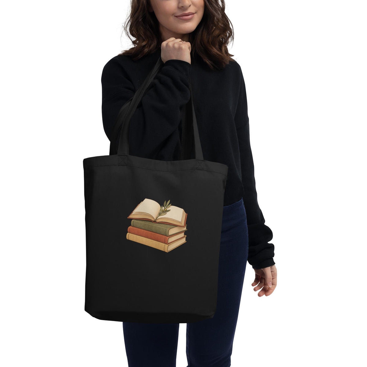 Model-worn mockup of Book Stack Organic Cotton Tote Bag, front view
