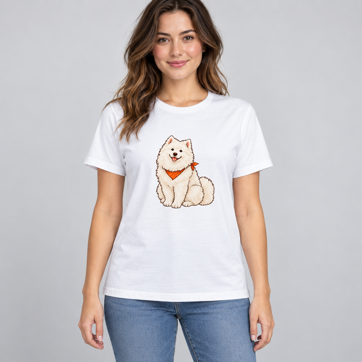 AI-generated model mockup of the white women's relaxed T-shirt with fluffy dog and orange neckerchief, front view