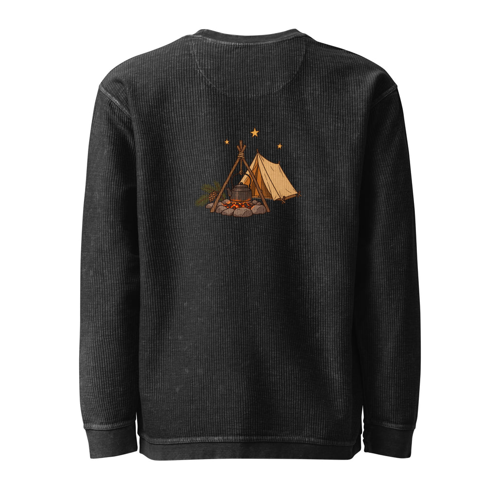 Back view of the camping illustration corded sweatshirt in black