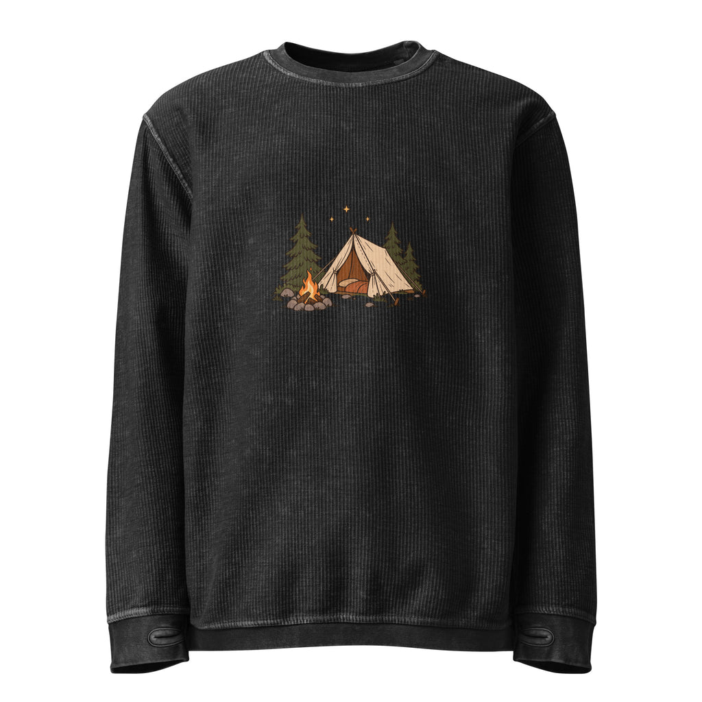 Black corded sweatshirt with a small tent, trees and campfire illustration