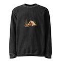 Black corded sweatshirt with a small tent, trees and campfire illustration
