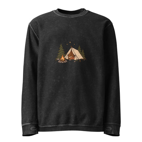 Black corded sweatshirt with a small tent, trees and campfire illustration